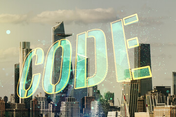Poster - Code word hologram on Manhattan cityscape background, artificial intelligence and neural networks concept. Multiexposure