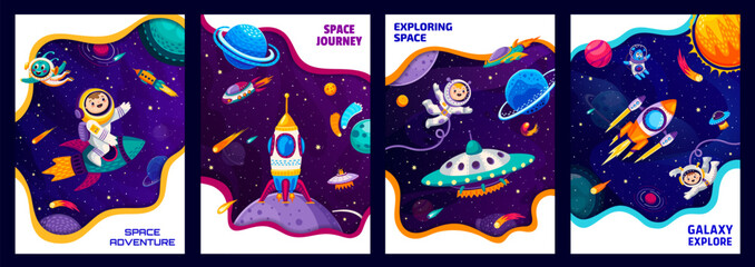 Poster - Space posters and flyers cartoon astronauts, ufo and aliens, spaceship and stars. Vector vertical cards with spacecraft and funny cosmonauts in starry universe or galaxy. Interstellar cosmic adventure