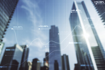 Poster - Abstract virtual stats data hologram on office buildings background. Multiexposure