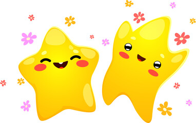 Aufkleber - Cartoon funny stars with kawaii faces, happy smiling friend character, vector twinkle personages. Kids emoji cute baby stars jumping with flower petals, child mascot or cheerful cartoon characters