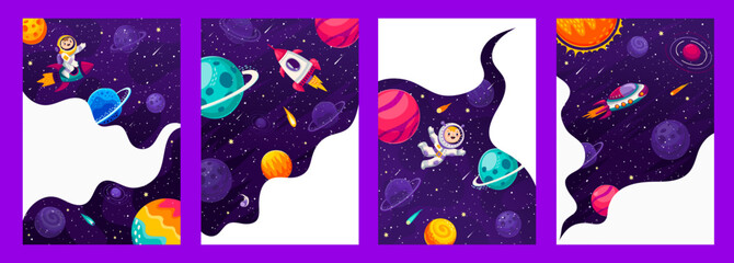 Poster - Space posters and banners, cartoon galaxy landscapes with astronauts, rockets, planets and stars, vector background. Kid spaceman and spaceship in outer space, galaxy cosmic planets in starry sky