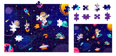 Poster - Jigsaw puzzle game pieces. Cartoon astronaut and spaceman in outer space. Right fragment search quiz, puzzle game vector worksheet with kid and alien astronauts characters flying on rocket in galaxy