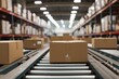 A bustling warehouse scene unfolds as cardboard boxes move seamlessly along a conveyor belt, illustrating the efficiency and organization of modern logistics and distribution processes.