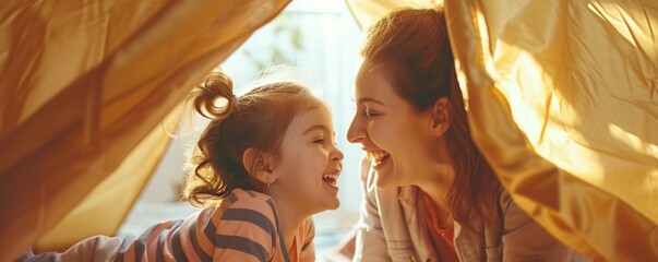 mother was playing with her little girl, in a small tent in the room