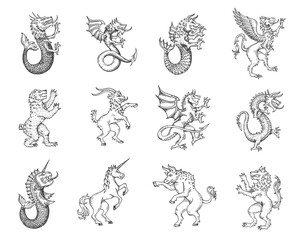 Poster - Medieval heraldic animals and monsters sketch, vector fantasy heraldry symbols. Fantastic animals, eagle lion or griffin, unicorn and dragon with eagle wings or fish tail, rampant lion, bear and goat