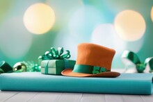 Green Hat And Gift Box Green Bokeh  Background .st Concept 