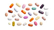 Assorted pharmaceutical medicine pills on white isolated on clear png background. Drug store and medical concept. AI generative.