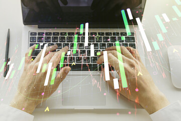 Poster - Multi exposure of abstract financial diagram with hand typing on computer keyboard on background, banking and accounting concept