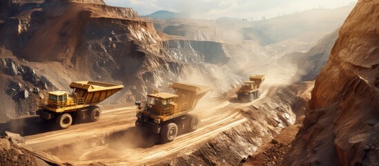 Wall Mural - top view of mining trucks and excavators in gold mining pit