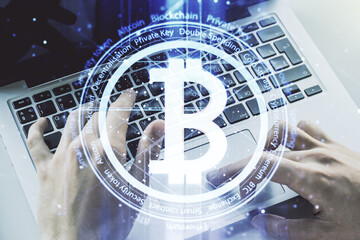 Poster - Creative Bitcoin concept with hands typing on laptop on background. Multiexposure