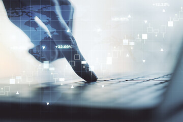 Poster - Multi exposure of abstract creative financial graph with world map and hand typing on laptop on background, forex and investment concept