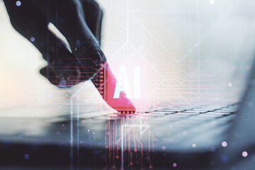 Aufkleber - Creative artificial Intelligence symbol concept with hands typing on computer keyboard on background. Double exposure