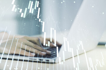 Poster - Multi exposure of abstract creative financial chart with hand typing on computer keyboard on background, research and analytics concept