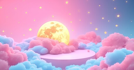 Poster - Moonlit sky with glowing full moon stars and clouds creating fantasy landscape. Night scene featuring bright starry space and abstract clouds. Dreamy moonlight background with luminous celestial