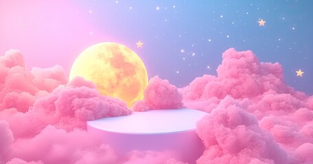 Poster - Moonlit sky with glowing full moon stars and clouds creating fantasy landscape. Night scene featuring bright starry space and abstract clouds. Dreamy moonlight background with luminous celestial