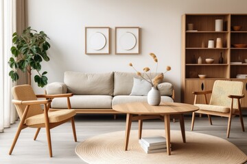 beige color interior design of modern living room. round wooden dining table, sofa, cabinet near brown wall