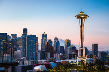 The Space Needle And City Skyline At Dawn, Seattle, USA