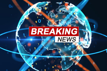 Aufkleber - Breaking News graphic overlay with a digital globe and binary code elements. 3D Rendering