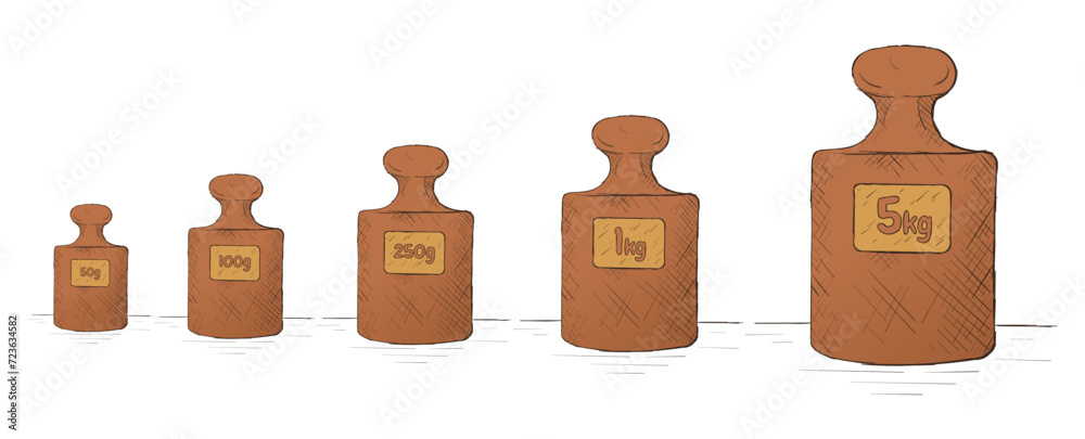 measuring tools in old kilogram and gram. 50 grams, 100 grams, 250