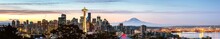 The Space Needle And City Skyline With Mount Rainier, High Resolution Panoramic View At Dawn, Seattle, United States