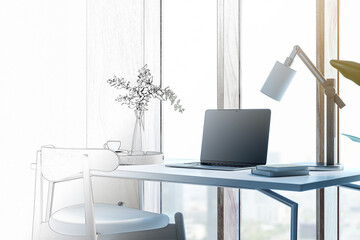 Poster - Sketch of modern designer desktop with mock up laptop, various objects and window with city view in the background. 3D Rendering.