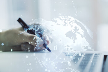 Aufkleber - Multi exposure of abstract graphic coding sketch with world map and hand writing in diary on background with laptop, big data and networking concept