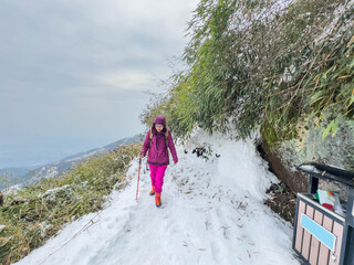 Wall Mural - woman climbing snow mountain in winter