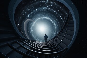 Wall Mural - Man walking up spiral ladder cosmic universe. Explorer climbing astral galactic stairs. Generate ai