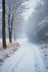 Wall Mural - Snowy blizzard on a countrside path in a winter time