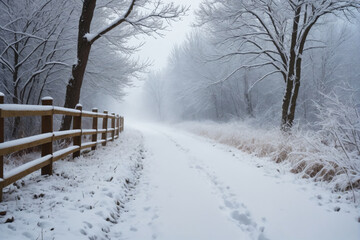 Wall Mural - Snowy blizzard on a countrside path in a winter time