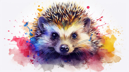 Wall Mural - Hedgehog, cute watercolor portrait isolated on a white background in the style of liquid ink spots