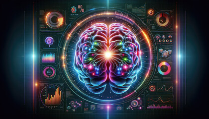 Wall Mural - A highly detailed futuristic visualization of brain activity analysis, with glowing neural networks and advanced data analytics charts.