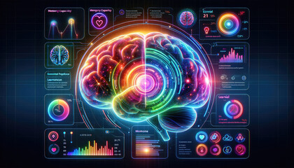 Wall Mural - A highly detailed futuristic visualization of brain activity analysis, with glowing neural networks and advanced data analytics charts.