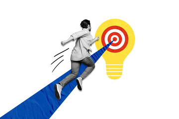 Poster - Creative collage picture illustration monochrome effect excited hurry target idea lamp run jump way motivation opportunity white background