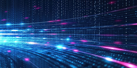 Poster - 3D Rendering of abstract wire cable tunnel with digital binary data transmitting.blue Glowing data cables transferring information. 
futuristic, Technology, machine learning, big data, virtualization