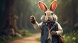 rabbit in the park, Charming Rabbit Waving in Jacket: Standing Tall on the Road - Explore the Whimsical World of this Adorable Bunny, Clad in a Stylish Jacket, Radiating Charm and Playful Elegance