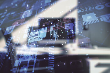 Aufkleber - Abstract creative coding concept and modern desktop with computer on background. Multiexposure