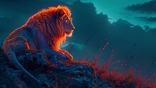 A Neon Lion Perched On A Rock Its Bright Orange Mane Glowing Against The Dark Blue Savannah Sky.
