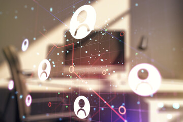 Aufkleber - Social network concept and modern desktop with computer on background. Multiexposure