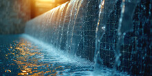The Dam Flows Clean Water In The Morning, Industrial Waste Water Treatment Plant Purifying Water	
