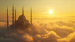 Majestic mosque above the clouds under the golden sunrise