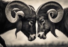 AI Generated Illustration Of Two Sheep With Spiral Horns In Grayscale