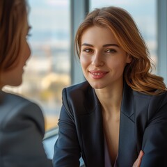 Two businesswomen discussing work in an office