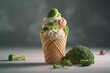 Pyramidal wafer vegetable ice cream cone. Icy dessert surrounded and covered with broccoli. Generate ai