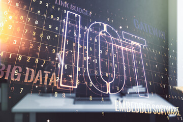 Aufkleber - Creative IOT concept and modern desktop with computer on background. Multiexposure