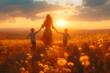 © Lara Sanmarti - Happy mother playing with her sons in a beautiful landscape on sunset. Mother's day