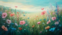 Oil Painting Illustration Of A Field Where Whimsical Wildflowers Dance
