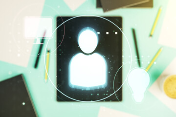 Aufkleber - Double exposure of social network icons concept and digital tablet on background, top view. Marketing and promotion concept
