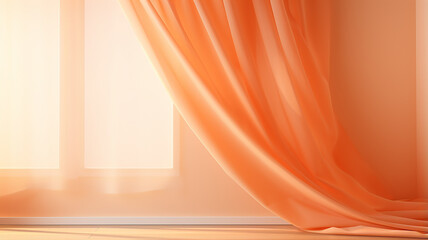 Wall Mural - panoramic window with transparent orange curtains, background copy space