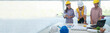 Banner Civil construction engineer team meeting on construction site with partner teamwork trust team consult together. Panorama image engineer team discuss wear hard hat construction engineer concept